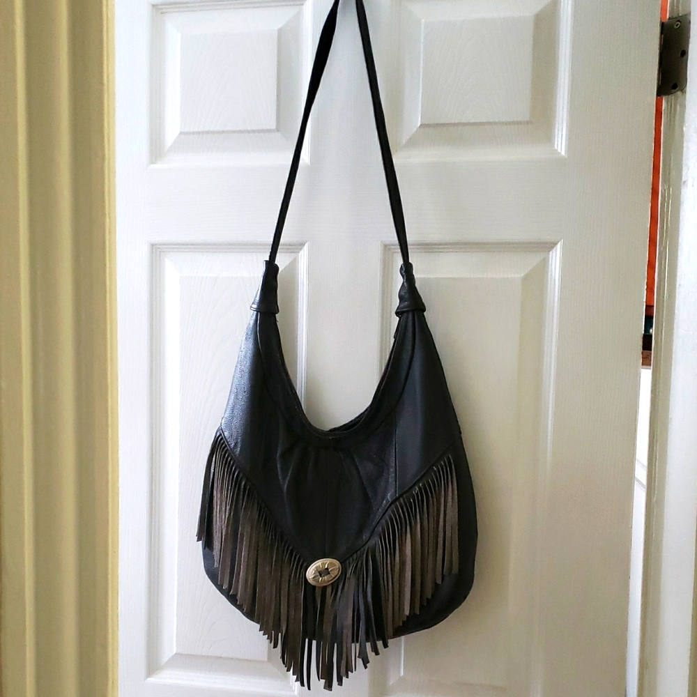 western black leather fringe concho hobo bag purse AS IS